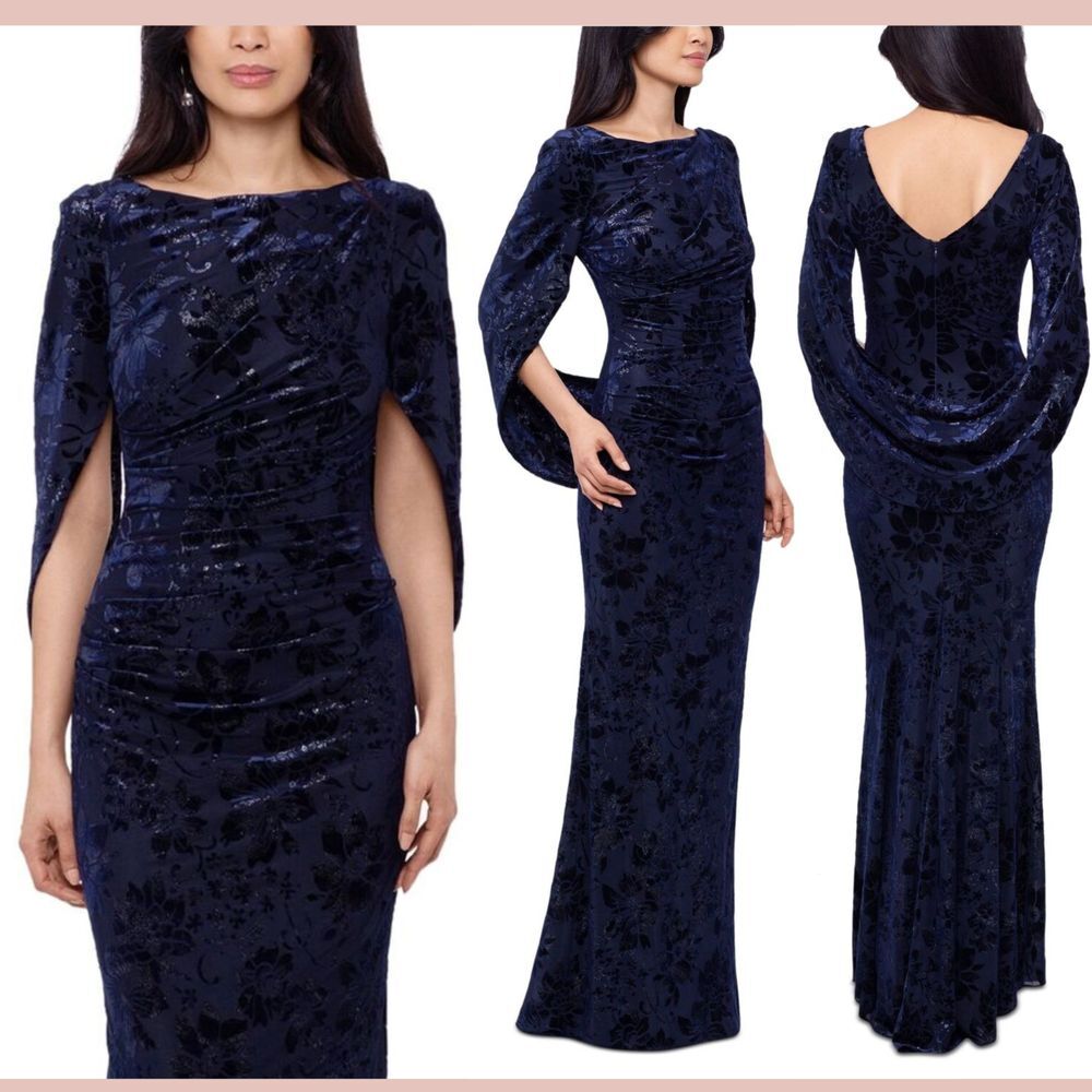NWT $309 Betsy & Adam [ 8 ] Cape Sleeve Burnt Velvet Sheath‎ Gown in Blue